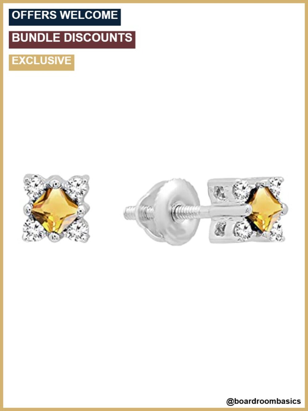 14K White Gold Citrine Diamond Stud Earrings Square Shape Fine Jewelry